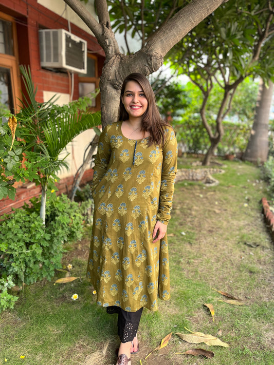 Mehendi green Ajrakh print A-Line Kurta with chudi sleeve