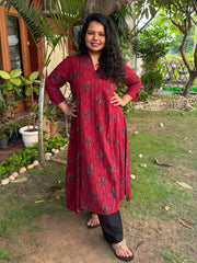 Maroon Slub Peacock A-line Kurta by MySanskritam