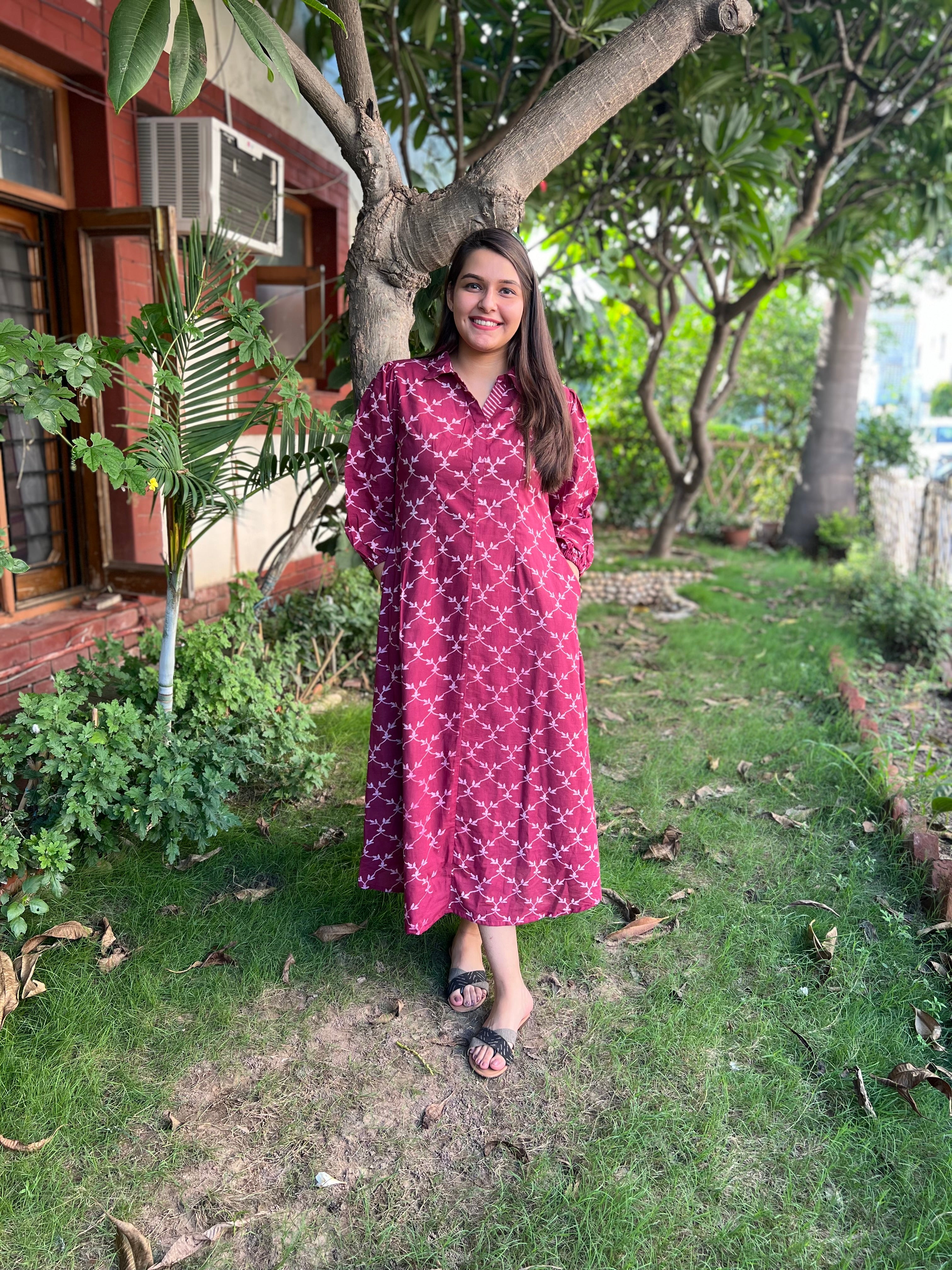 Onion Pink Jaal bagru dress with Pockets - MYSANSKRITAM