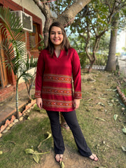 Maroon Kullu border woollen short kurti