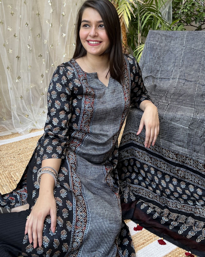 Black Buta Premium Modal Silk Kurta duppata Set