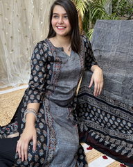 Black Buta Premium Modal Silk Kurta duppata Set