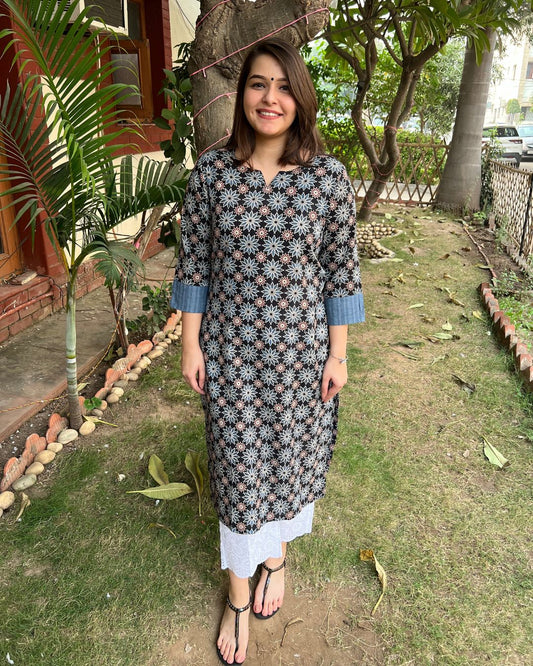 Navy Blue Floral Handblock Kurta