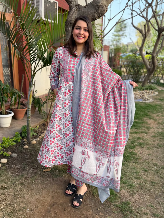 Cherry Print Yoke A-line Suit Set by MySanskritam