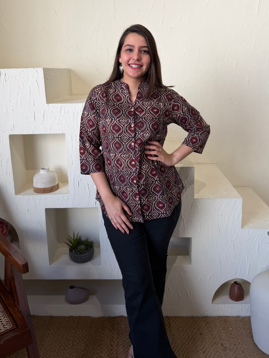 Coffee Ajrakh Shirt by MySanskritam