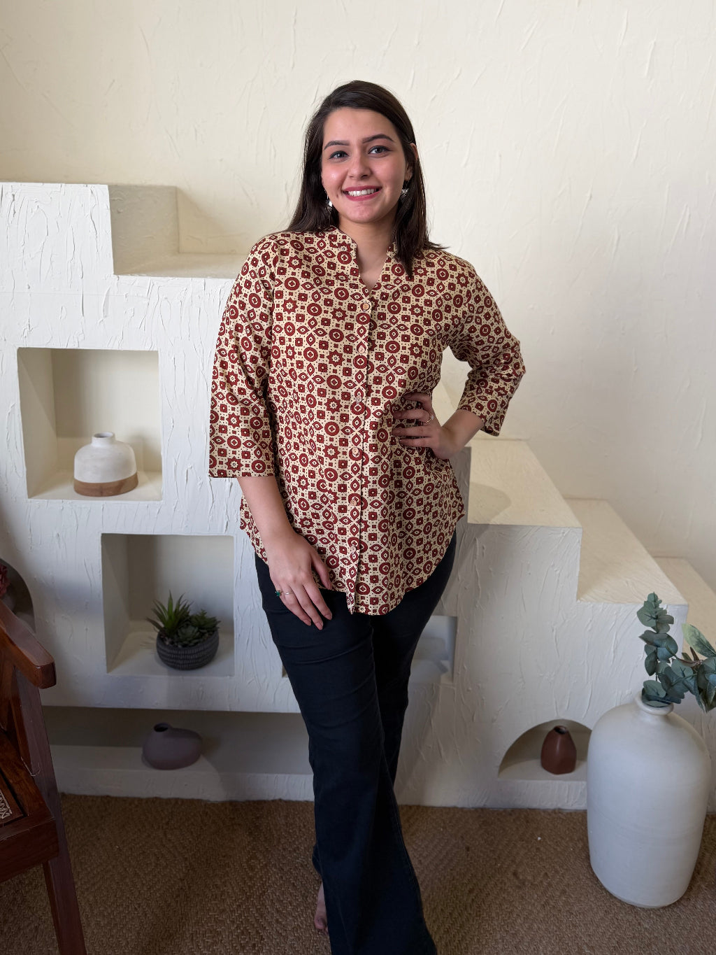 Cream Maroon Geometric Shirt by Sanskritam