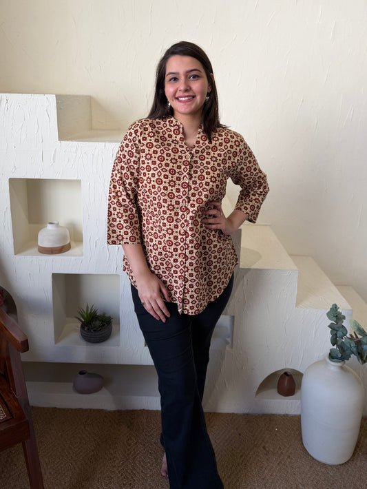 Cream Maroon Geometric Shirt by Sanskritam