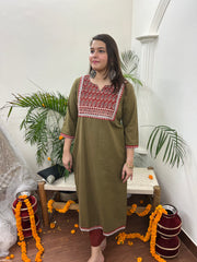 Mehendi embroidered yoke Long kurta - MYSANSKRITAM