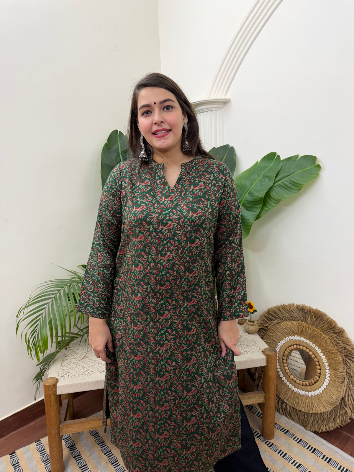 Green floral woollen kurta