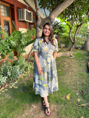 Grey Floral dress with collar - MYSANSKRITAM