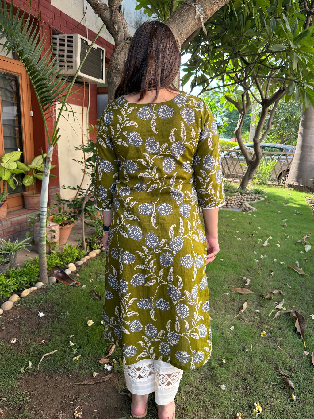 Mehendi Green Yoke Kurta from the back by Sanskritam