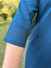 Peacock Blue V-Neck Embroidered Kurta