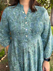Teal Green Floral Pintucks A-line Kurta neck design by MySanskritam