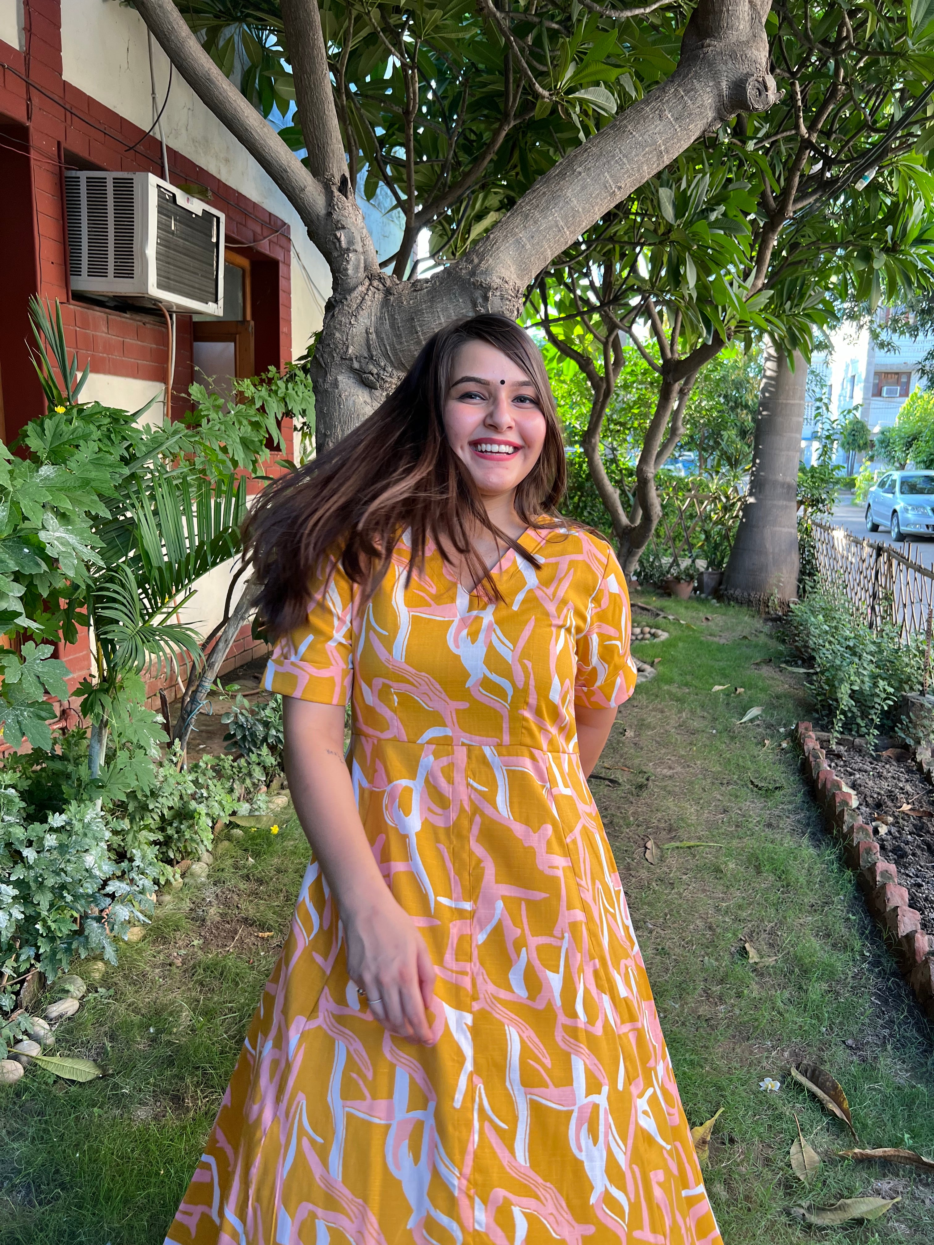 Yellow abstract Floral dress - MYSANSKRITAM