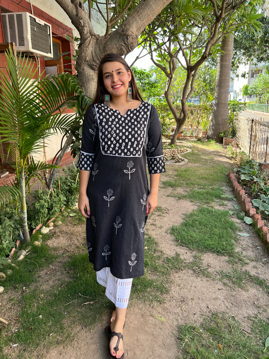 Black Kantha Yoke kurta - MYSANSKRITAM