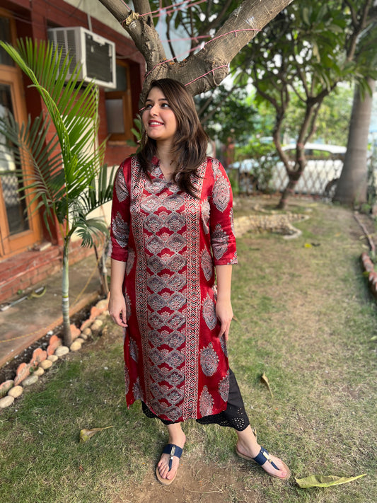 Maroon designer panel Modal silk kurta