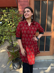 Maroon Ajrakh Barfi Top by Sanskritam