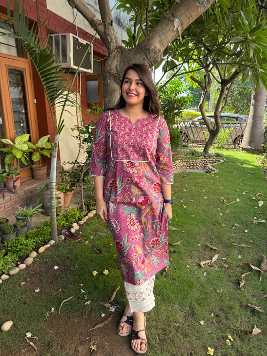 Onion pink floral jaal yoke Kurta