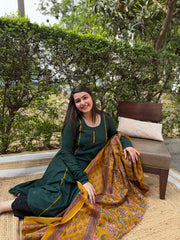 Green A-line chudi sleeve kurta duppata set