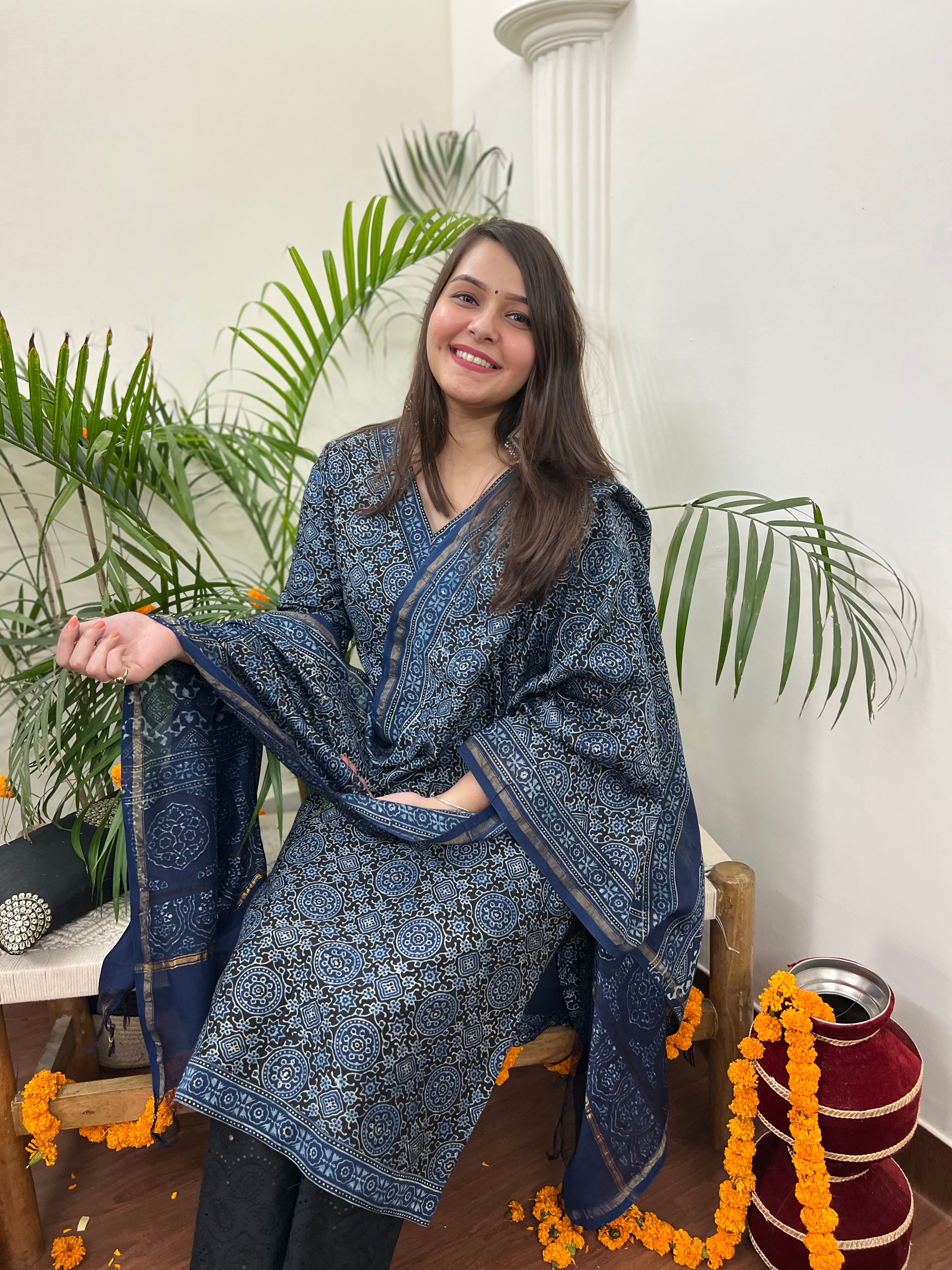 Ajrakh Chanderi Indigo kurta duppata set - MYSANSKRITAM