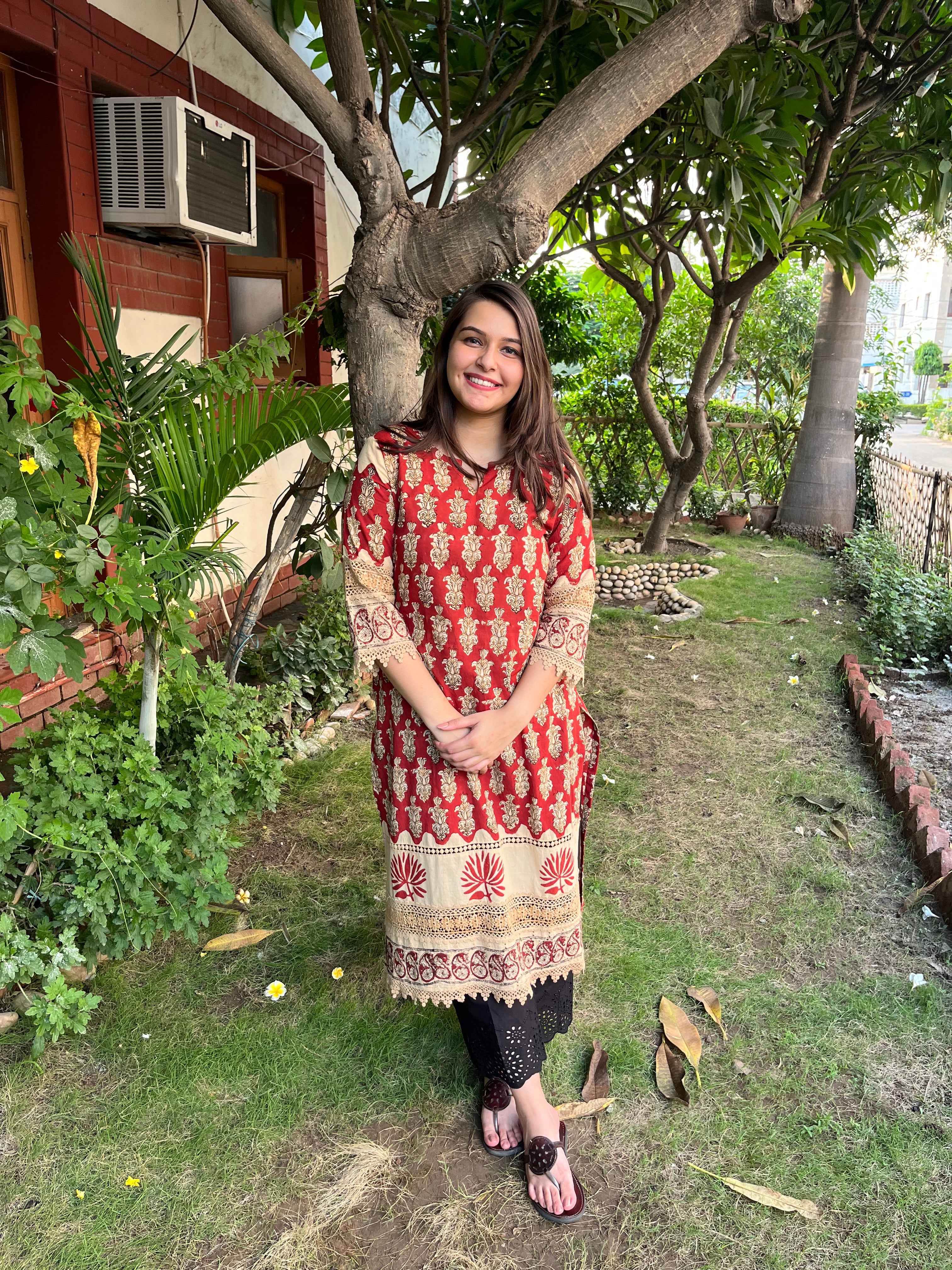 Maroon Bagru lacework kurta - MYSANSKRITAM