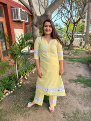 Lemon Chikan Lace Kurta - MYSANSKRITAM