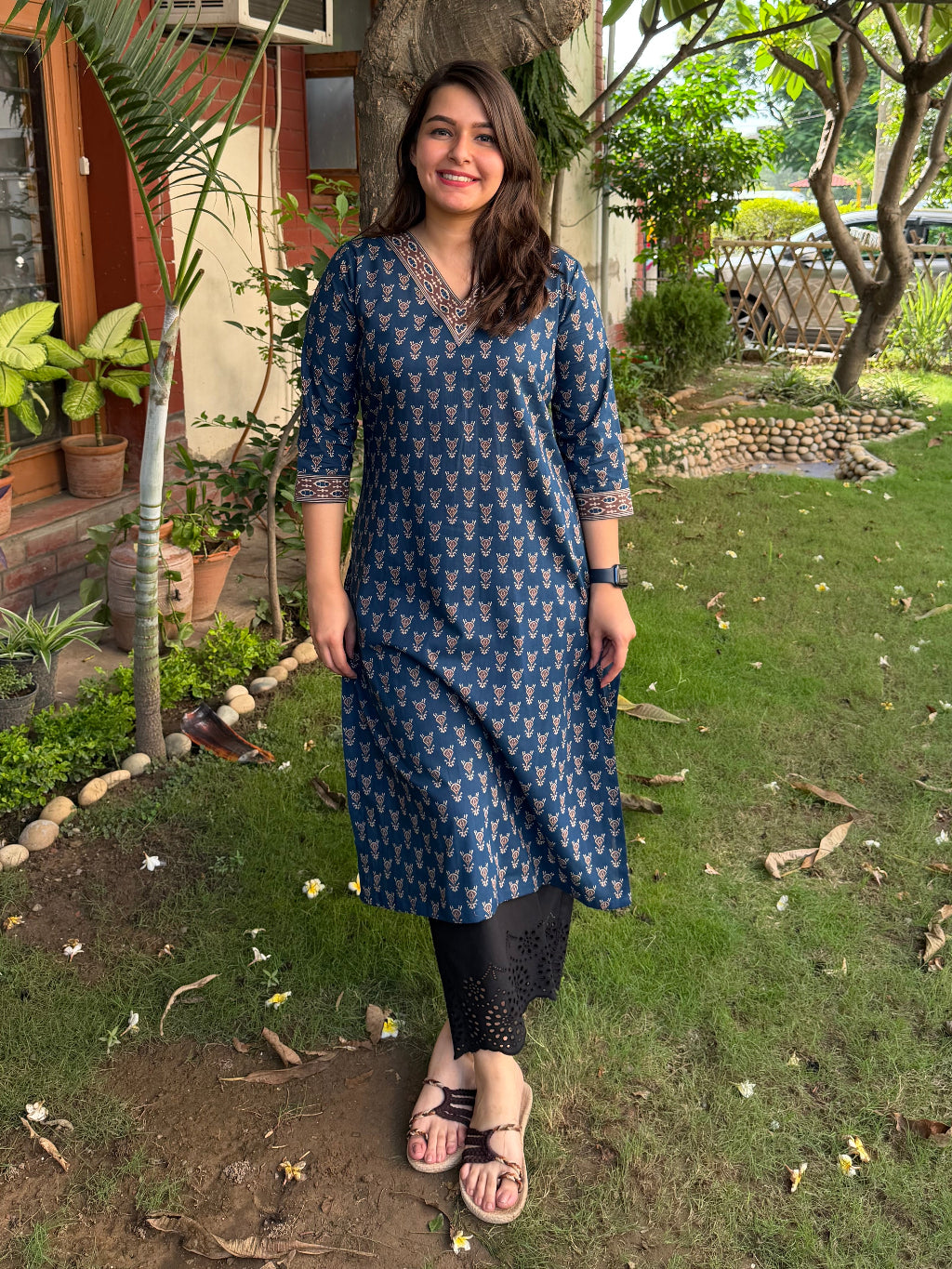 Dark Blue Buti V-neck Kurta by MySanskritam