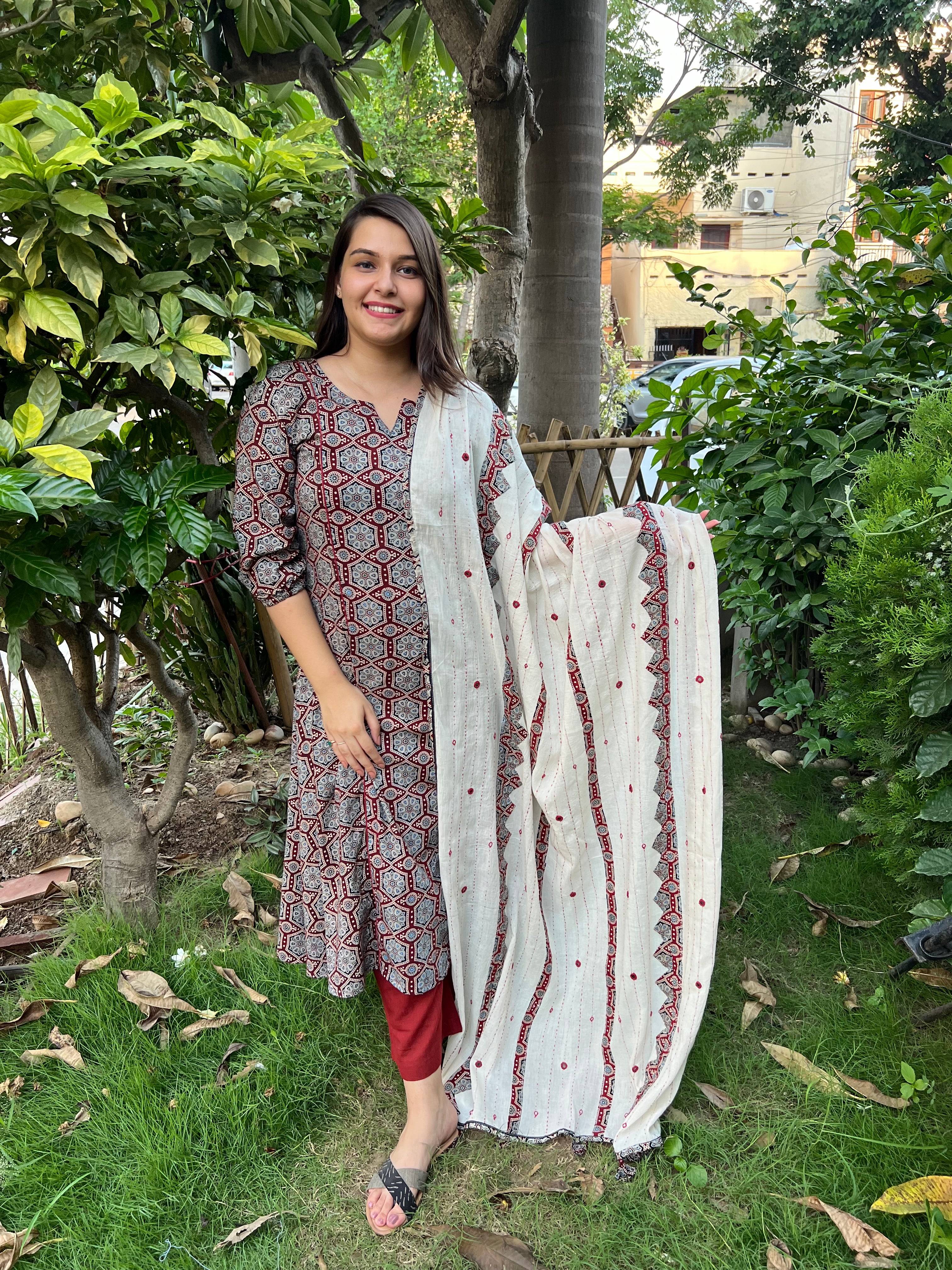 Ajrakh A-Line kurta duppata set - MYSANSKRITAM