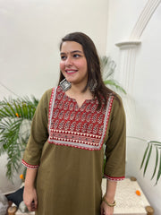 Mehendi embroidered yoke Long kurta - MYSANSKRITAM