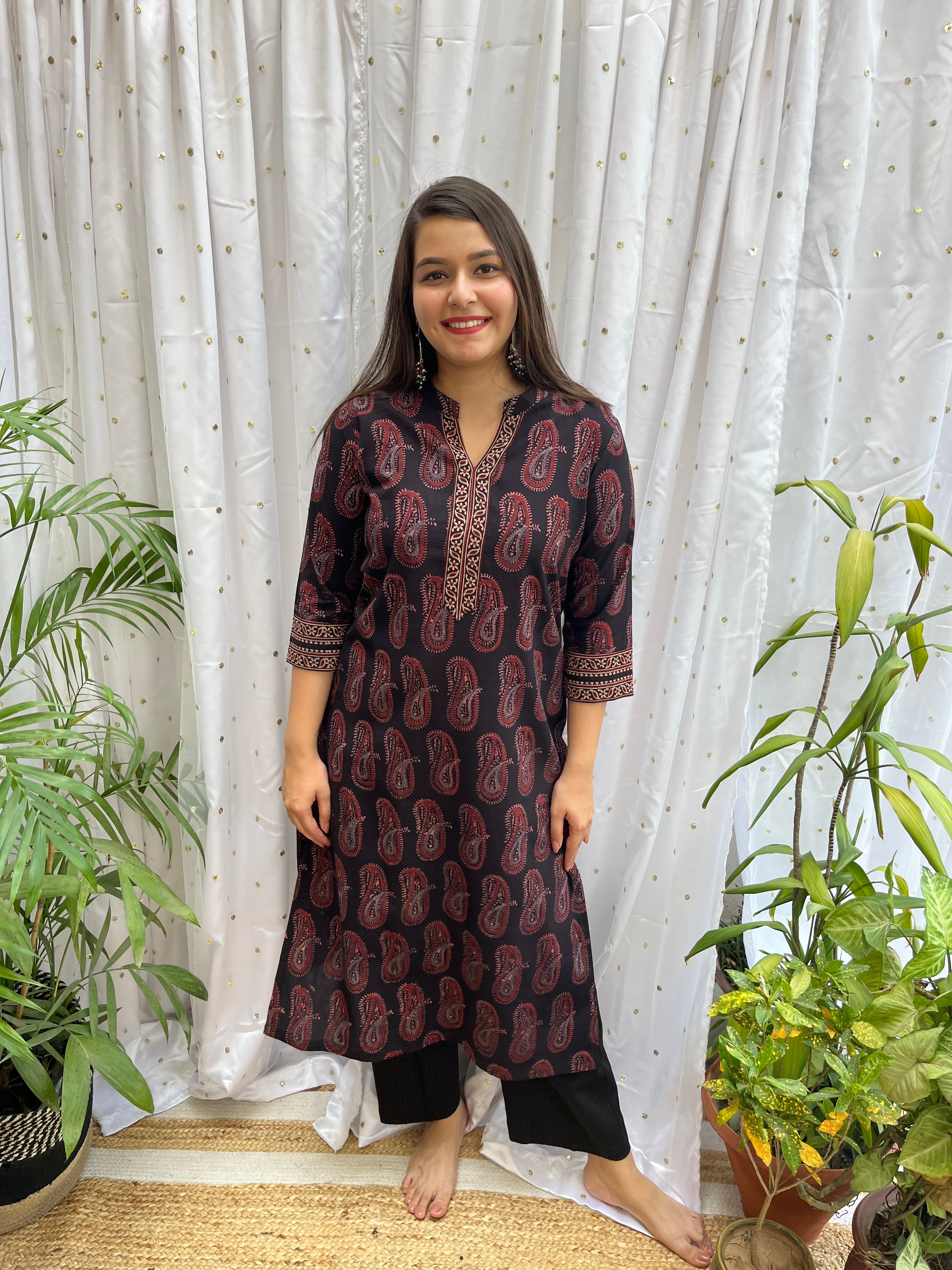 Black Kairi Ajrakh Kurta - MYSANSKRITAM