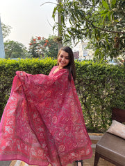 Pink A-line chudi sleeve kurta duppata set