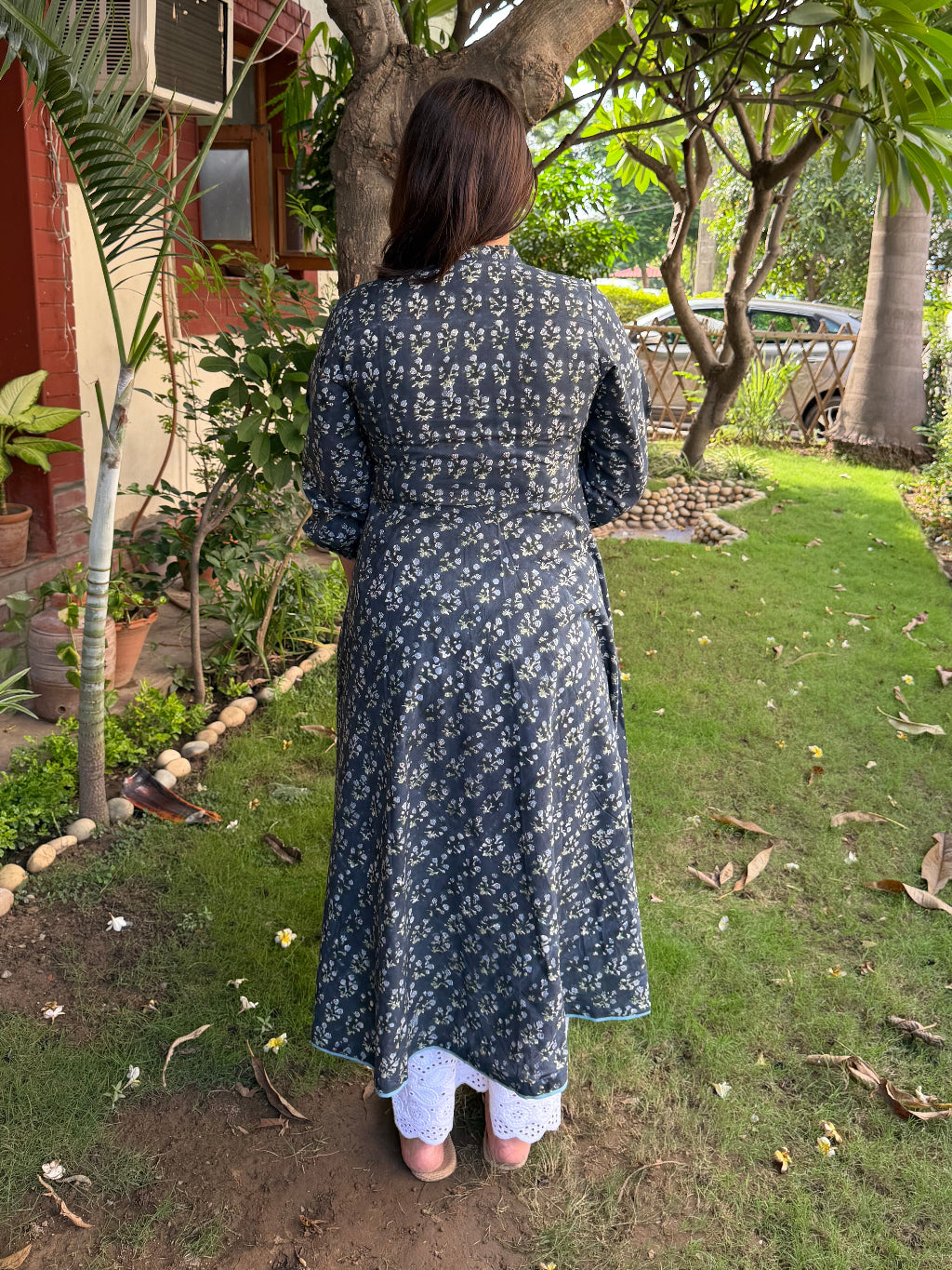 Dark Blue Floral Pintucks A-line Kurta from the back by Sanskritam