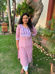 Lavender Handblock ikkat Yoke kurta