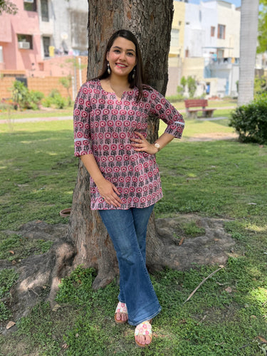 Pink floral handblock Short Kurti