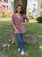 Pink floral handblock Short Kurti