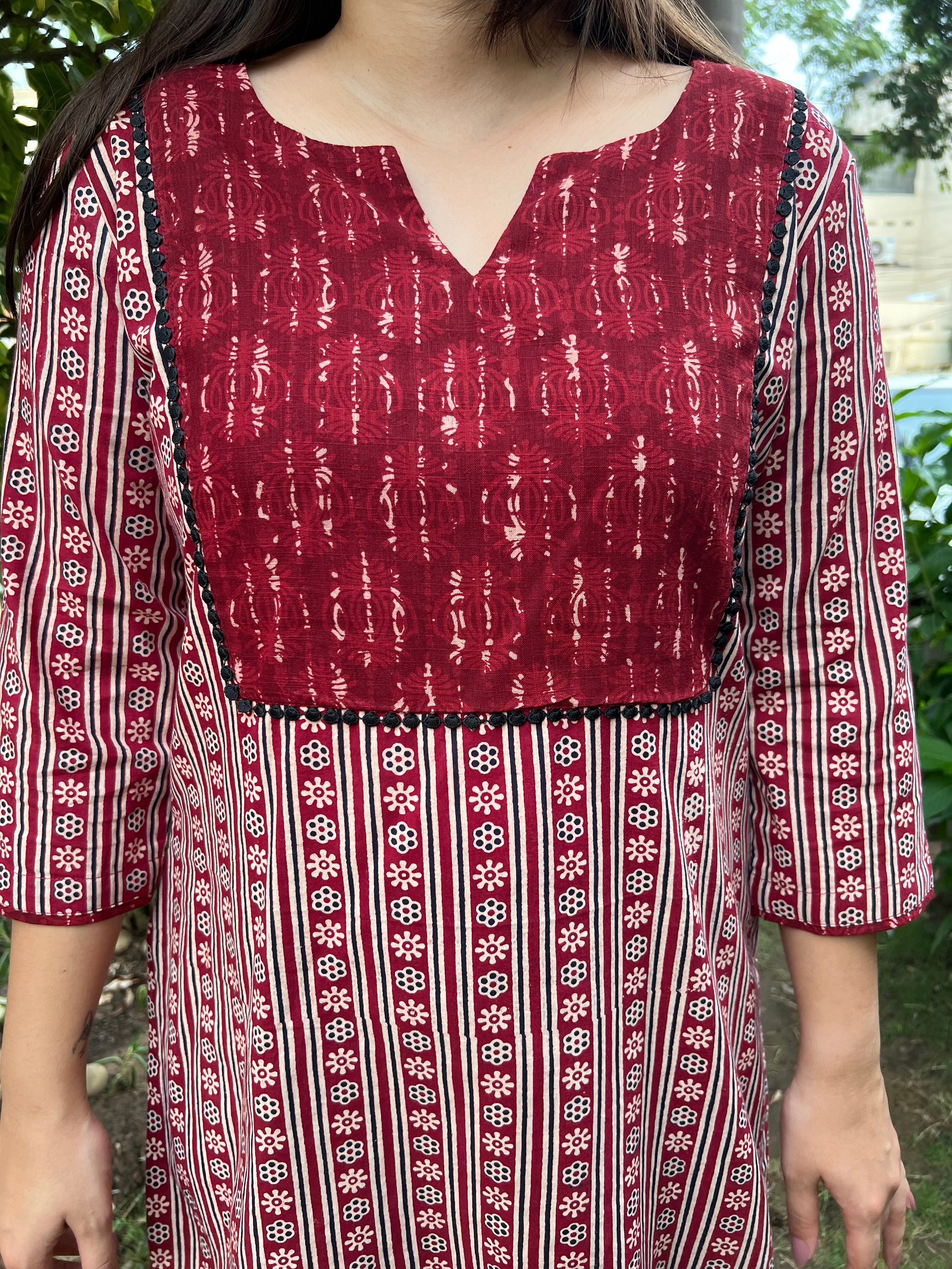 Maroon lines yoke kurti - MYSANSKRITAM