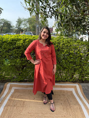 Rust Aline kurta with embroidered yoke on neck