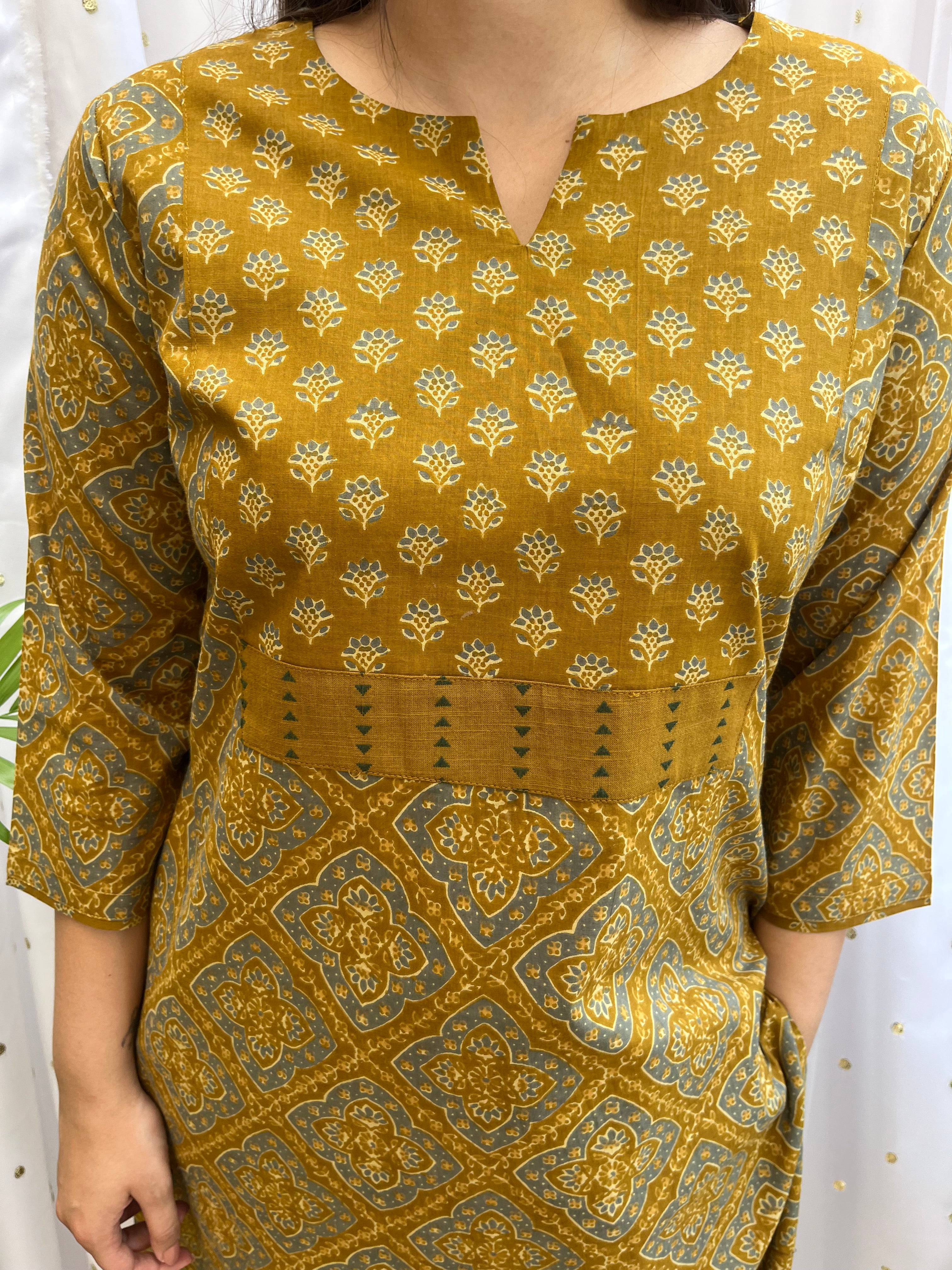 Mustard Geometric Yoke Kurta - MYSANSKRITAM