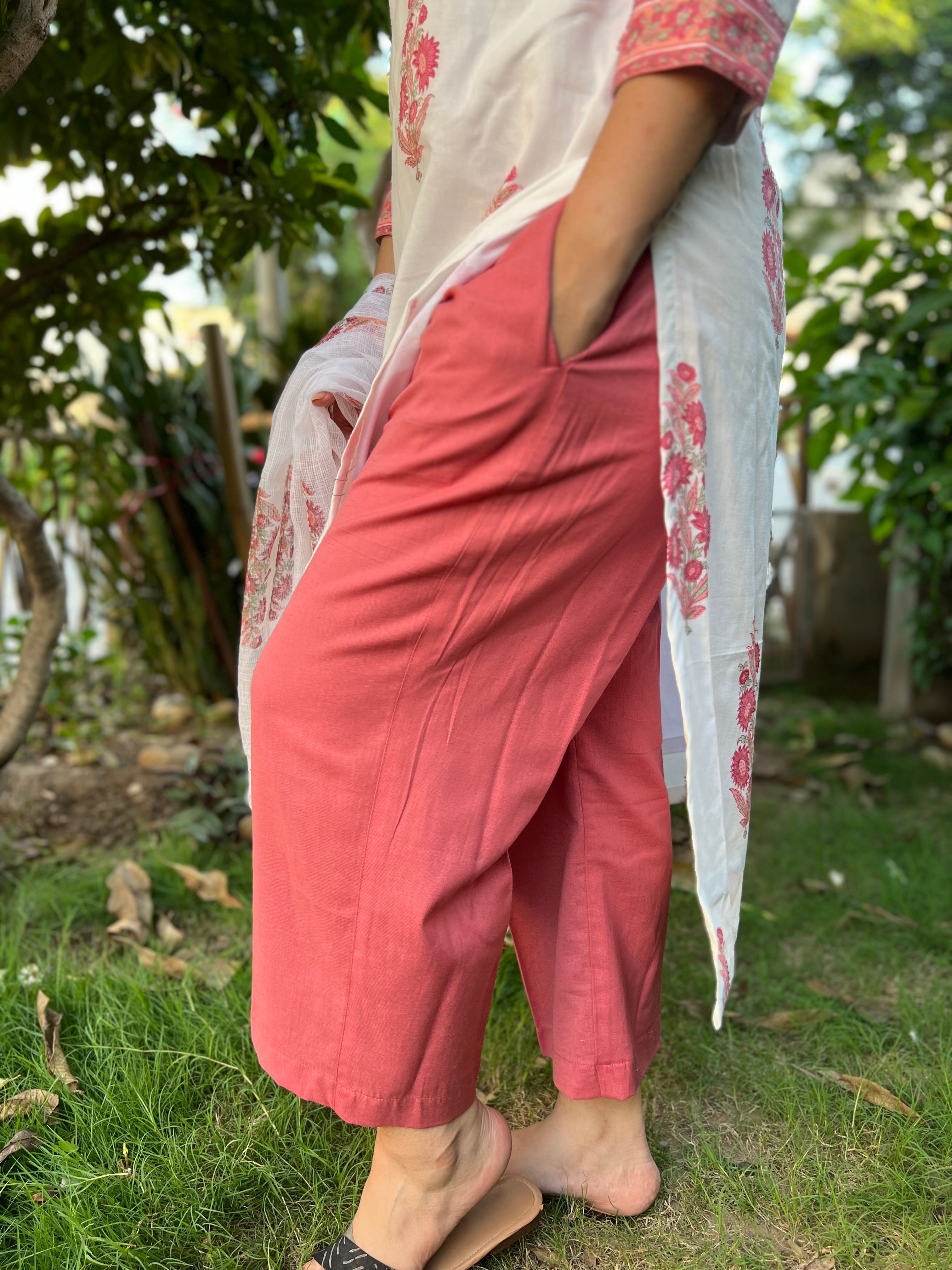 Rose pink slub cotton palazzo - MYSANSKRITAM