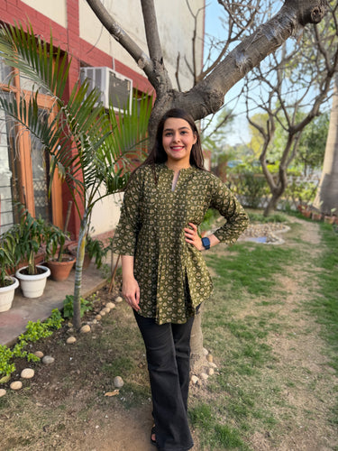 Mehendi green Sanganeri pintucks top