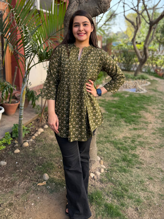 Mehendi green Sanganeri pintucks top