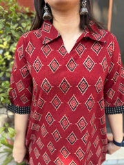 Maroon Ajrakh Barfi Top close up by Sanskritam