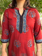 Maroon peacock ban neck kurta