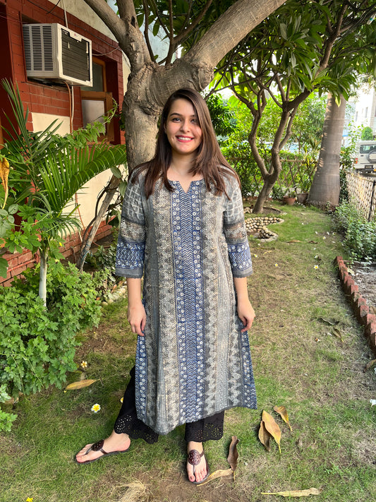 Grey Bagru lacework kurta - MYSANSKRITAM