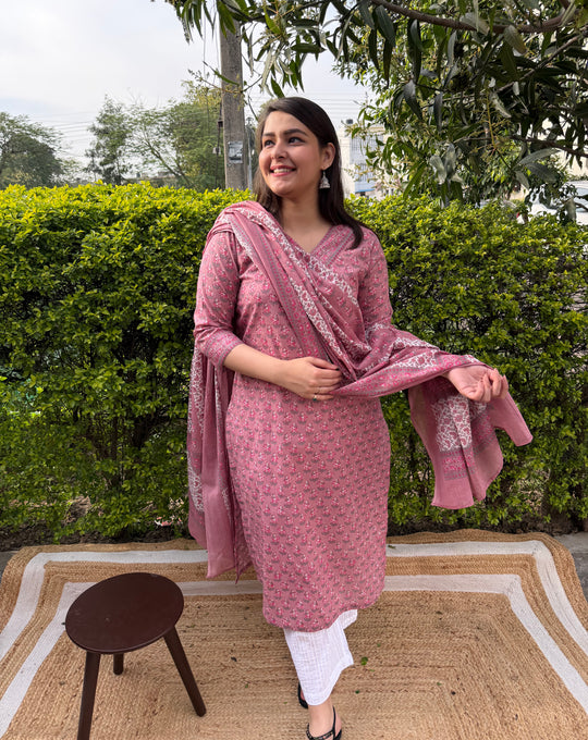 Pink floral V neck kurta only