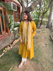 Mustard A-Line kurta with Scarf