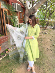 Pista green A-line kurta with Handblock duppata