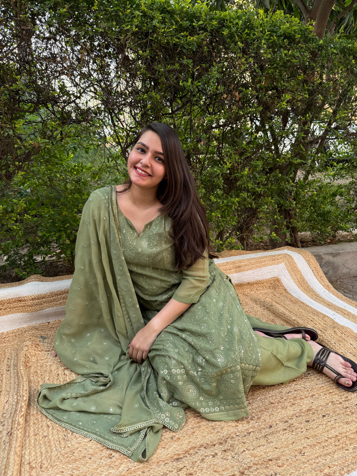 Mehendi green Lucknowi full suit set