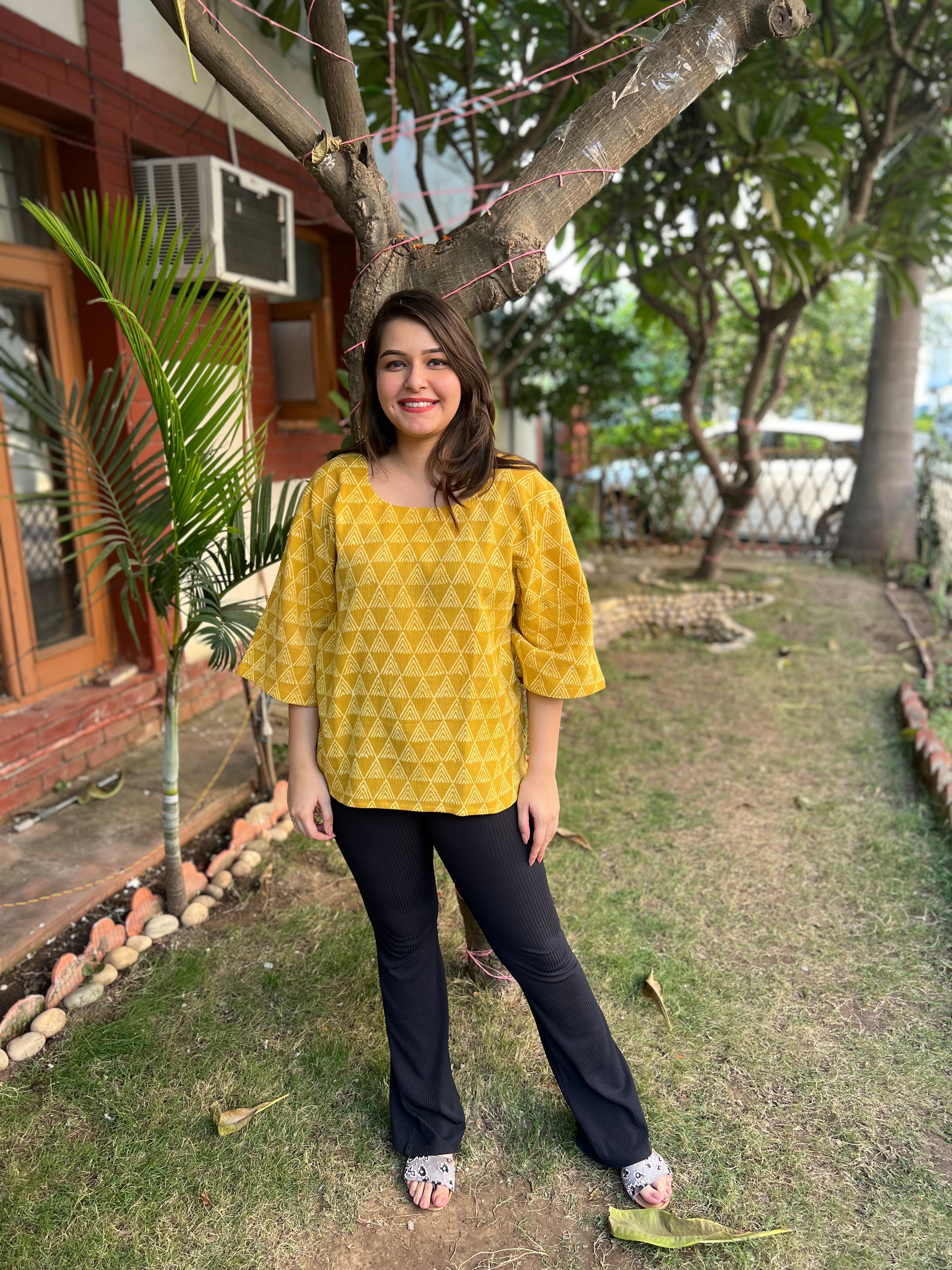 Mustard geometric print Top - MYSANSKRITAM