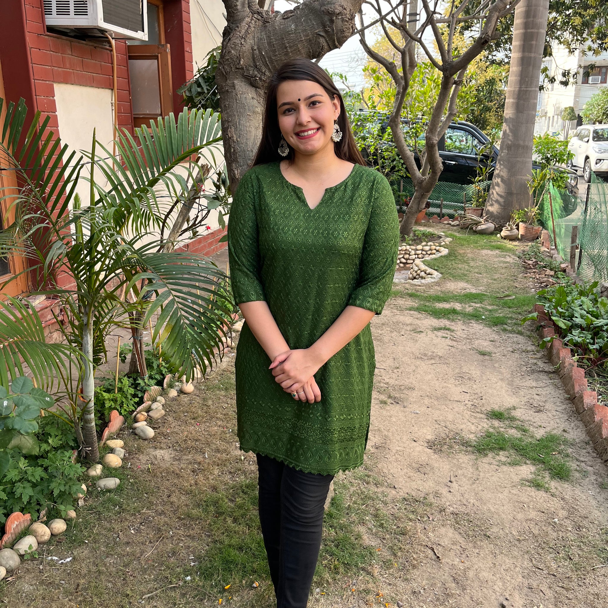 Bottle Green Rayon Chikan Kurti